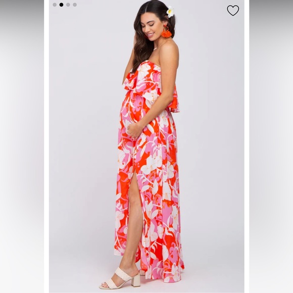 Pink Floral Flounce Strapless Maternity Maxi Dress - Picture 2 of 4